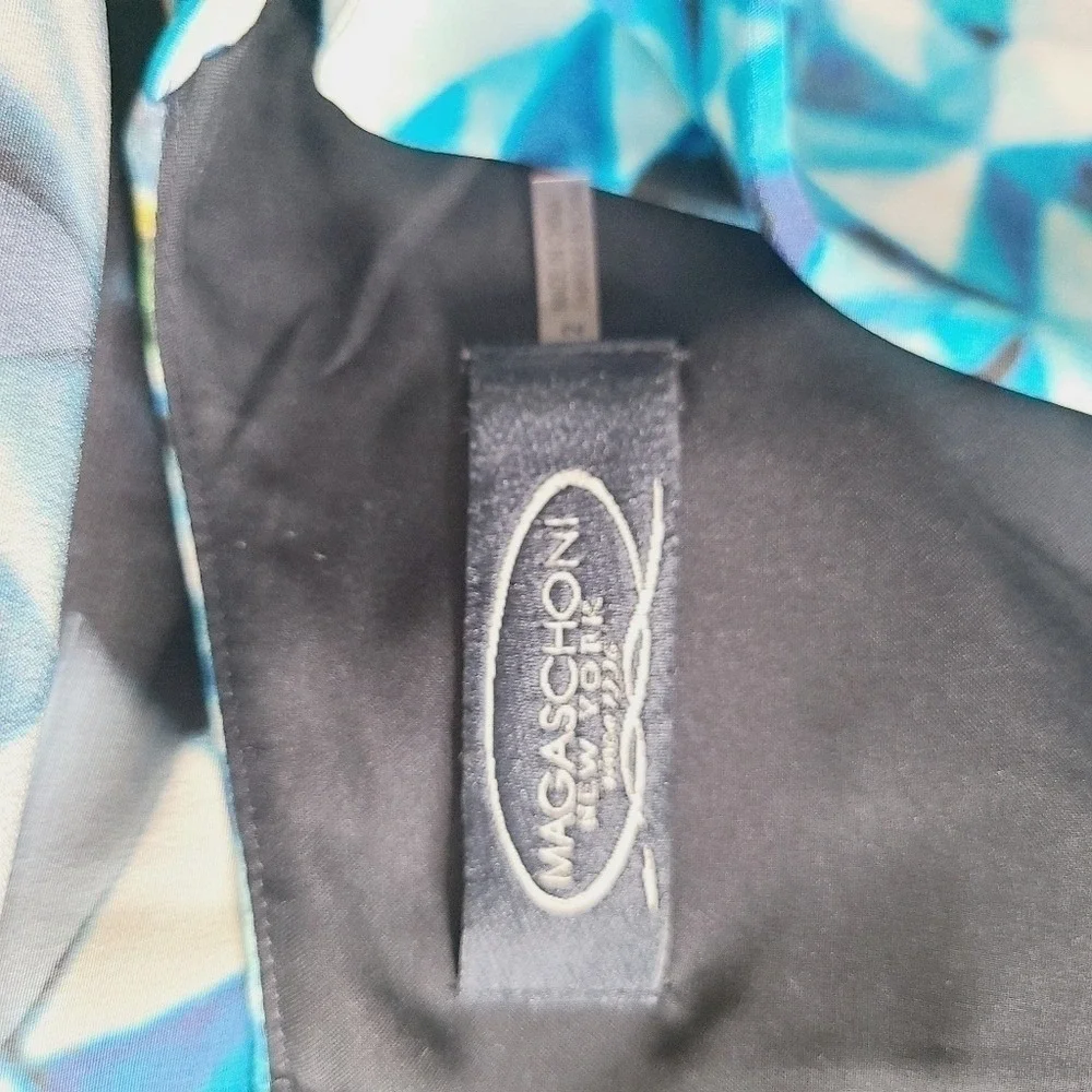 Magaschoni New York Blue Geometric Diamond Print 100% Silk Cowl Neck Dress 2 - Picture 7 of 9